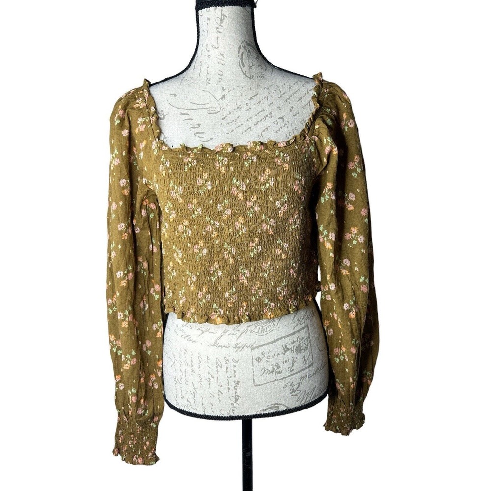 Aerie Long Puff Sleeve Tan Pink‎ Floral Print Smocked Crop Top Size L NEW